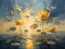 Lotus tegen de lucht in goudoker, schilderij van lotus tegen de lucht