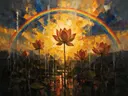 Schilderij van lotus tegen de lucht in terracotta, in vlakke kleurvlakken