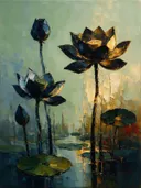 Lotus tegen de lucht in zwartgoud, schilderij van lotus tegen de lucht