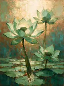 Schilderij van lotus van dichtbij in mint, in vlakke kleurvlakken