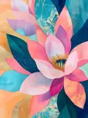 Lotusbloem in roze en turkooizen vlakken, botanisch schilderij