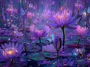 Schilderij van paarse lotusbloemen met vlinders in een betoverd woud