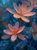 Schilderij van gloeiende roze lotusbloesems met doorschijnende libellen