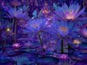 Schilderij van paarse lotusbloemen met libellen in een nachtelijke vijver