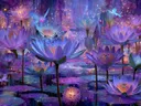 Schilderij van paarse lotusbloemen in een glinsterende vijver