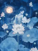 Lotusvrouw in het maanlicht, surrealisme schilderij