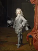 Louis I, Prince of Asturias van Michel Ange Houasse: portret met jongen, zilveren pak, hond en gordijn, in zilvergrijs en rood