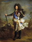 Louis XIV van Hyacinthe Rigaud: portret met koning, harnas, pruik en staf, in grijs en bruin