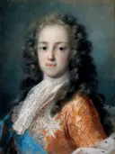 Louis XV of France van Rosalba Carriera: portret met jongen, pruik, kant en oranje jas, in oranje, blauw en wit