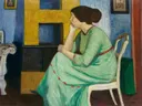 Louise Breling im grünen Kleid van Otto Modersohn: portret met vrouw, groene jurk, stoel en kamer, in zachtgroen en blauw