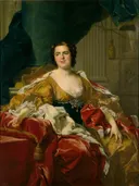 Louise-Élisabeth of France, Wife of the Infante Philip, Future Duke of Parma van Louis-Michel van Loo: portret met vrouw, gouden jurk, rode mantel en zittend, in goud en rood