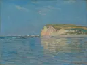 Low Tide at Pourville, near Dieppe, 1882 van Claude Monet: zee met zee, klif, eb en strand, in lichtblauw en beige