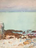 (Low tide isles of shoals105407) van Childe Hassam: zee met rotsen, zee, kust en eb, in zeegroen en roze