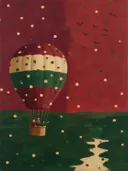 Schilderij van luchtballon in bordeaux en bosgroen, in vlakke kleurvlakken