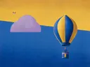 Schilderij van luchtballon in kobalt en saffraan, in vlakke kleurvlakken