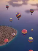 Meerdere kleurrijke luchtballonnen boven turquoise water met een klein eiland vol palmbomen.