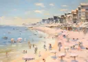 Schilderij van een kustplaats met witte huizen en een roze zandstrand vol mensen