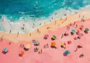 Schilderij van bovenaf van een strand met roze zand, turquoise zee en kleurrijke parasols