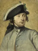 Ludolf Bakhuysen II (1717 82). Schilder en militair, kleinzoon van de zeeschilder Ludolf Bakhuysen I van Cornelis Troost: portret met man, steek, jas en jongeman, in gedempt grijsgroen