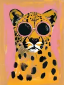 Luipaard met zonnebril schilderij, speelse dierenillustratie in oker en roze
