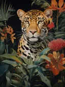 Close-up van een luipaardkop die door jungle bladeren en oranje bloemen gluurt.
