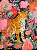 Illustratie van een luipaard omringd door grote roze en rode tropische bloemen.