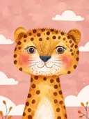 Schilderij van een luipaardwelpje met grote ogen tegen een roze wolkenlucht