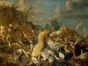 Luipaardjacht van Paul de Vos / Jan Wildens: dieren met luipaarden, honden, jacht en gevecht, in okergeel en groen