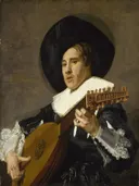 Luitspeler van Judith Leyster: portret met man, luit, muziek en kraag, in donker bruin met wit