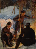 Lumberjacks around a Campfire van Pekka Halonen: figuren met houthakkers, kampvuur, sneeuw en winter, in gedempt bruin en wit