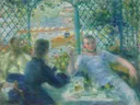 Lunch at the Restaurant Fournaise (The Rowers' Lunch) van Pierre-Auguste Renoir: figuren met mensen, tafel, terras en glazen, in zacht groen en blauw