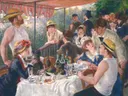 Lunch van de roeiers van Pierre-Auguste Renoir: figuren met mensen, terras, tafel en wijn, in warm wit met rood en blauw