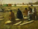Lunchtime at the Building Site on the Van Diemenstraat in Amsterdam van George Hendrik Breitner: figuren met arbeiders, bouwterrein, schaft en planken, in warm oker en blauw