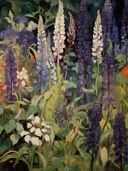 Schilderij van een tuin met paarse, witte en roze lupines.