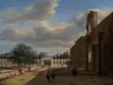 Lustpark met elegante figuren met in de verte de koepel van Huis ten Bosch van Jan van der Heyden: landschap met park, paleis, zuilengang en wandelaars, in licht blauw en beige