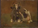 Lying Cow van Anton Mauve: dieren met koe, liggend, stal en stro, in warm bruin