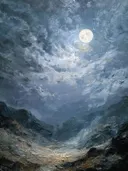 Volle maan boven bergvallei met stormwolken, olieverfschilderij