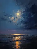 Volle maan boven zee met lichtreflectie op golven, olieverfschilderij
