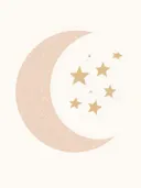 Illustratie van een beige maan met gouden sterren voor de kinderkamer