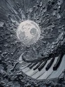 Maan met pianotoetsen in reliëf, abstract schilderij