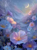 Schilderij van blauwpaarse bloemen met een sikkelmaan boven een berglandschap