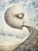 Surrealistisch schilderij van een maanvormig gezicht met gesloten ogen waarvan de mond een trap wordt