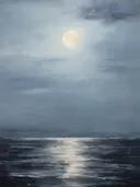 Schilderij van een volle maan boven een donkere zee