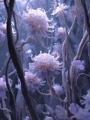 Schilderij van een bloesemboomgaard badend in blauw maanlicht