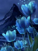 Schilderij van gloeiende blauwe tulpen aan een meer bij een berg