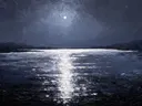 Schilderij van een maanpad over een donkere zee bij nacht