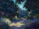 Schilderij van een maanverlicht tuinpad omzoomd met kleurrijke bloemen
