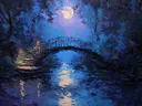 Schilderij van een maanverlichte brug over water in een paars getint bos