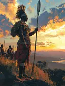 Maasai krijger met speer bij zonsondergang op savanne