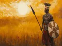 Schilderij van een Maasai-krijger met speer en schild in de savanne